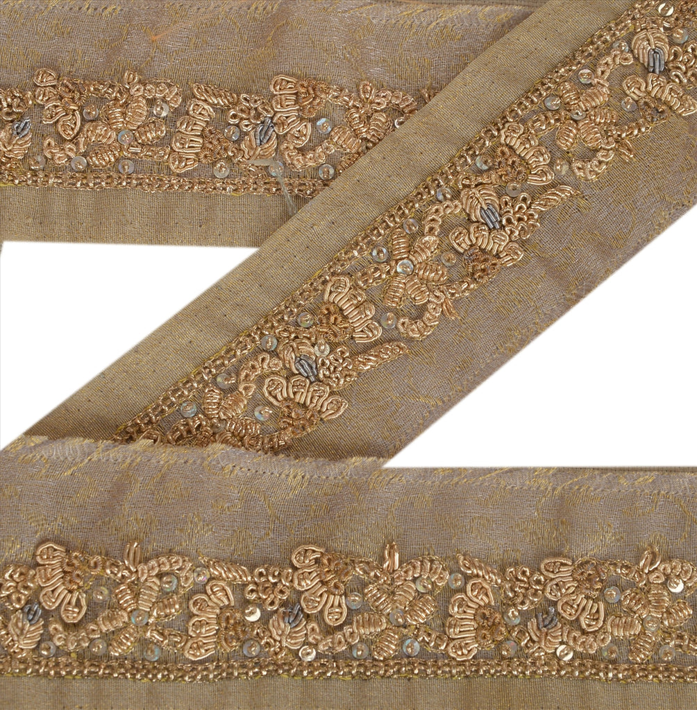 Sanskriti Vintage Sari Border Hand Beaded 2 YD Trim Ribbon Pale Cream Lace