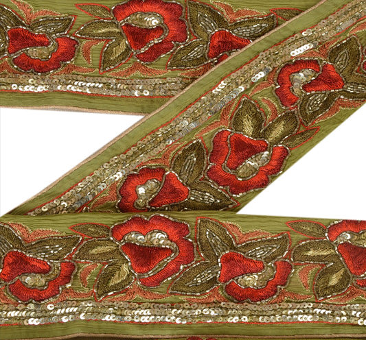 Vintage Sari Border Antique Hand Beaded 1 YD Indian Trim Sewing Green Decor Lace