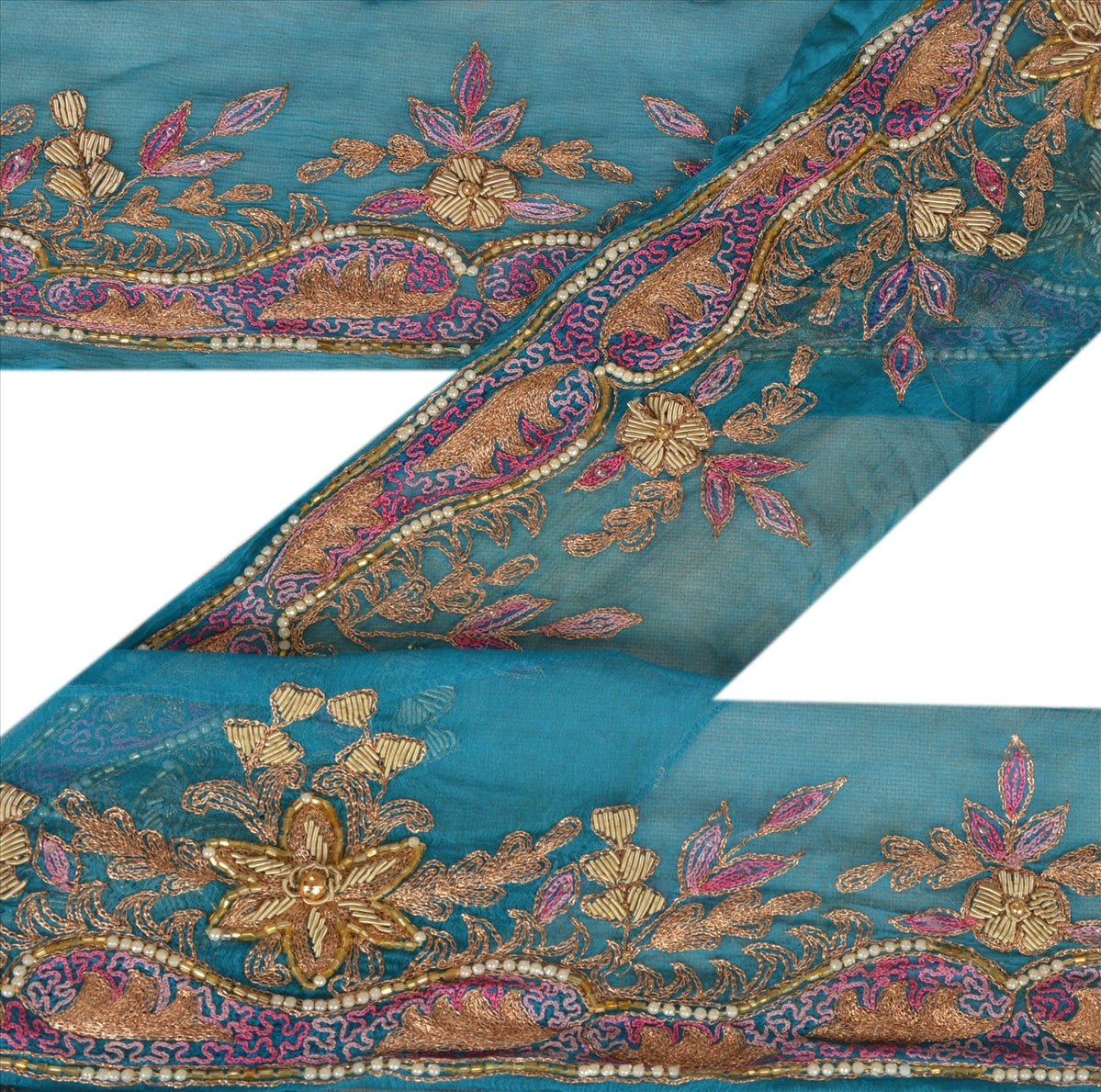 Sanskrti Vintage Sari Border Hand Beaded 2 YD Indian Trim Sewing Turquoise Lace