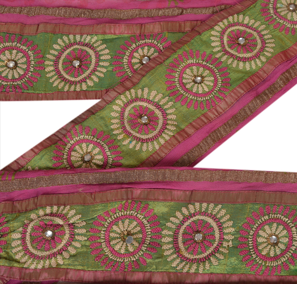 Vintage Sari Border Antique Hand Embroidered Phulkari 1 YD Trim Sewing Pink Lace