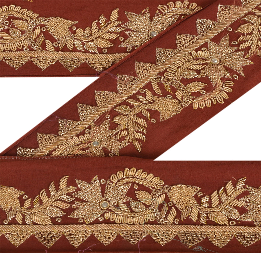 Sanskriti Vintage Sari Border Hand Beaded 1 YD Indian Trim Sewing Maroon Lace