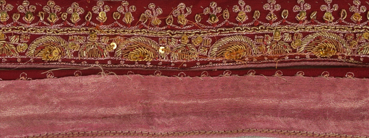 Vintage Sari Border Antique Hand Beaded 1 YD Indian Trim Ribbon Maroon Zari Lace