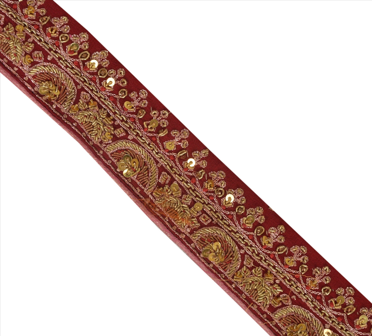 Vintage Sari Border Antique Hand Beaded 1 YD Indian Trim Ribbon Maroon Zari Lace