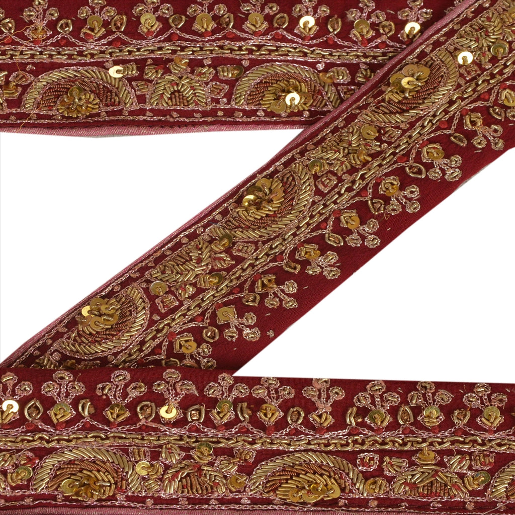 Vintage Sari Border Antique Hand Beaded 1 YD Indian Trim Ribbon Maroon Zari Lace