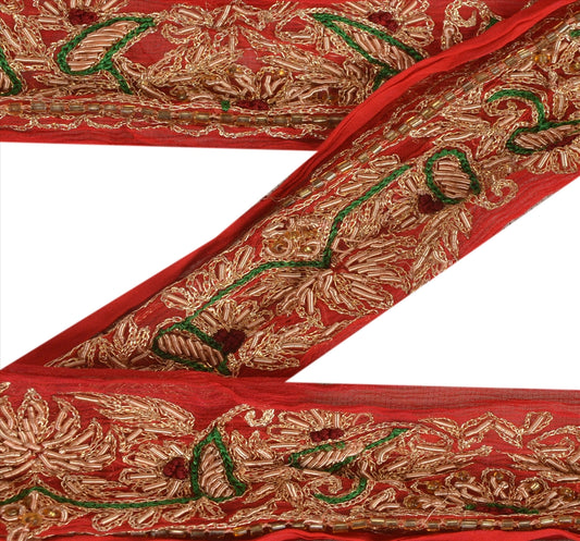 Sanskriti Vintage Sari Border Hand Beaded 1 YD Indian Trim Décor Ribbon Red Lace