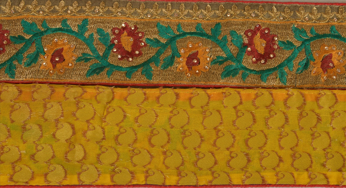 Sanskriti Vintage Sari Border Hand Beaded 1 YD Indian Trim Sewing Yellow Lace