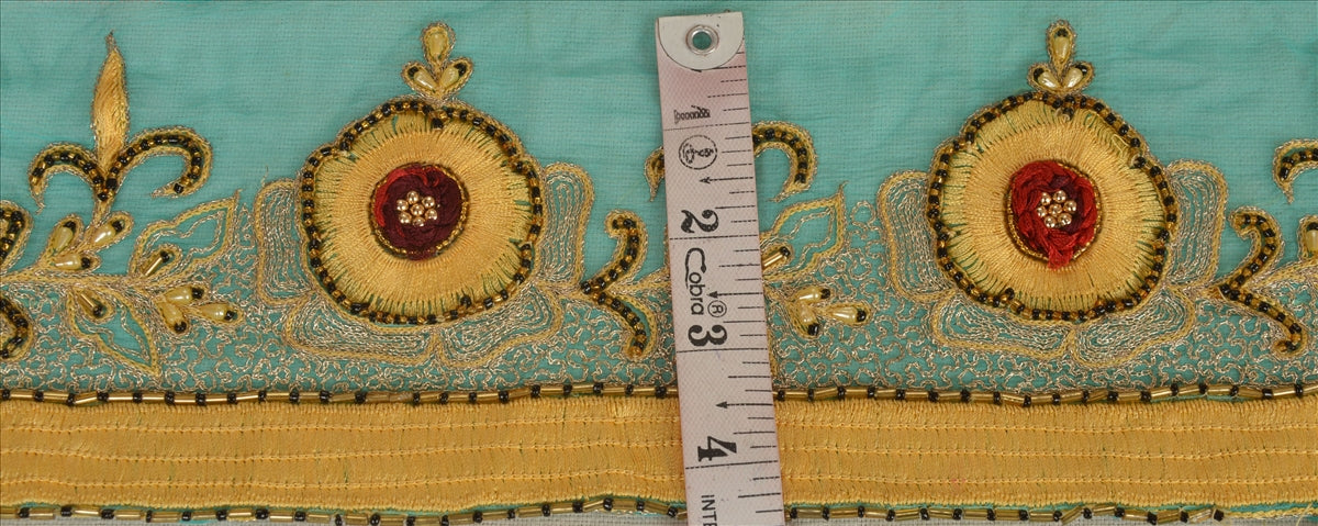 Sanskriti Vintage Sari Border Hand Beaded 1 YD Indian Trim Sewing Sea Green Lace