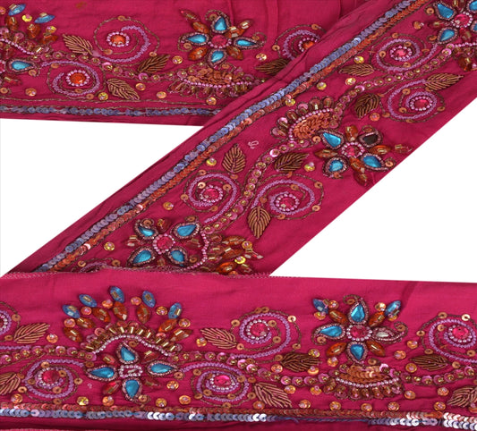 Sanskriti Vintage Sari Border Hand Beaded 1YD Indian Trim Sewing Pink Decor Lace