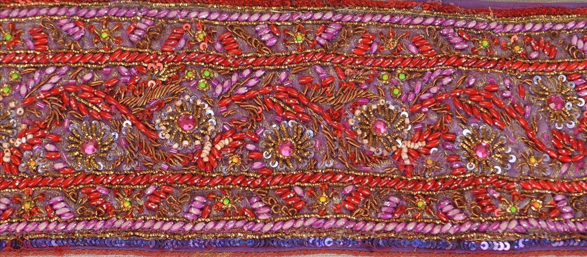 Sanskriti Vintage Sari Border Hand Beaded 1 YD Indian Trim Sewing Purple Lace