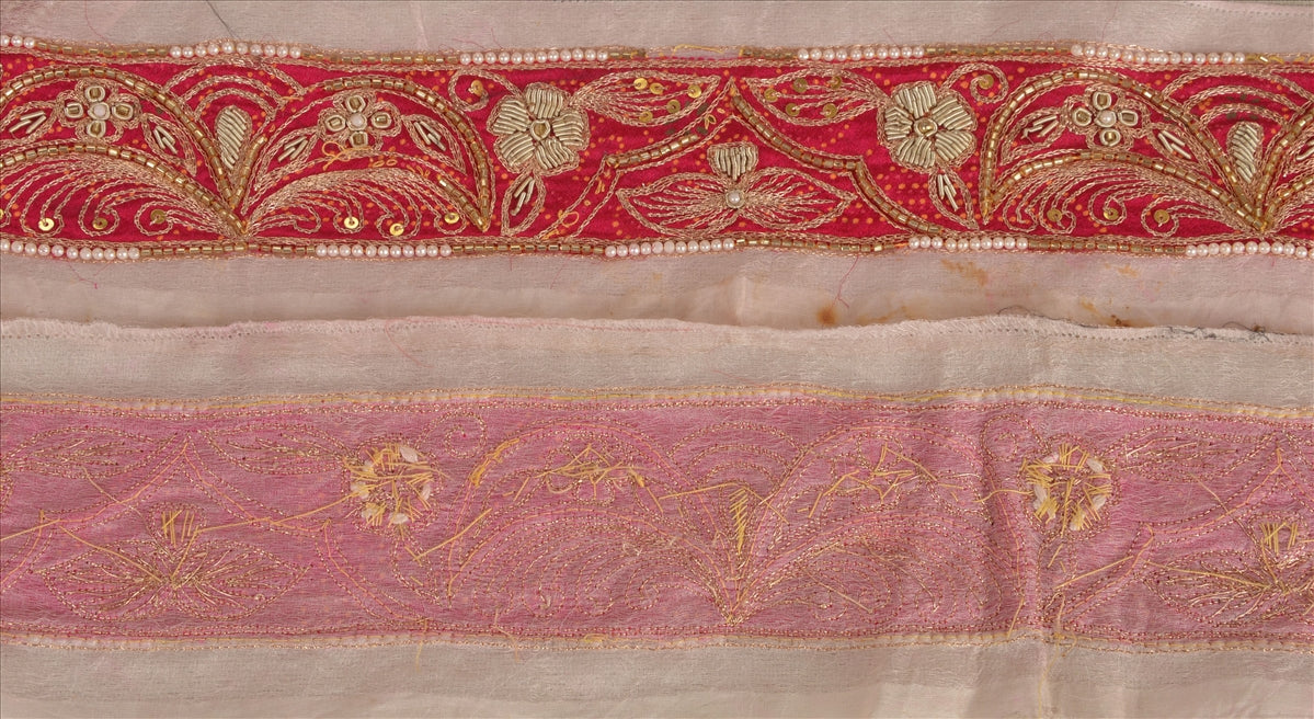 Sanskriti Vintage Sari Border Hand Beaded 1 YD Indian Trim Sewing Pink Lace