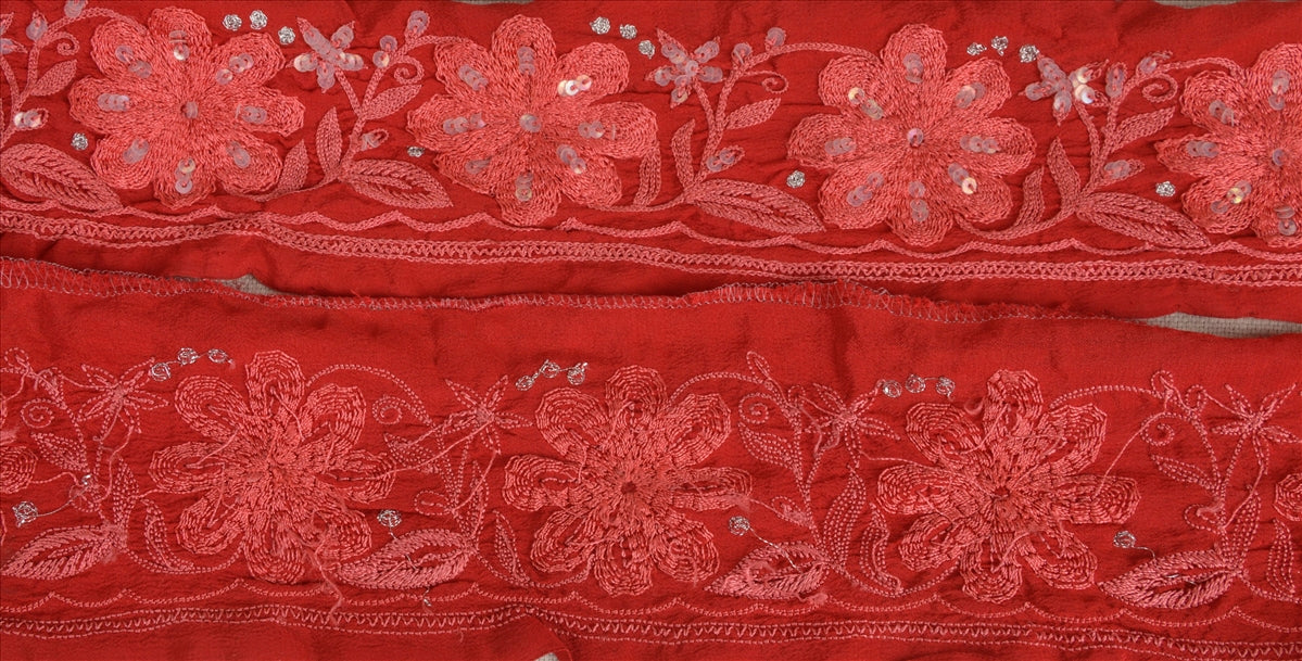 Sanskriti Vintage Sari Border Hand Beaded 1 YD Indian Trim Sewing Red Zari Lace