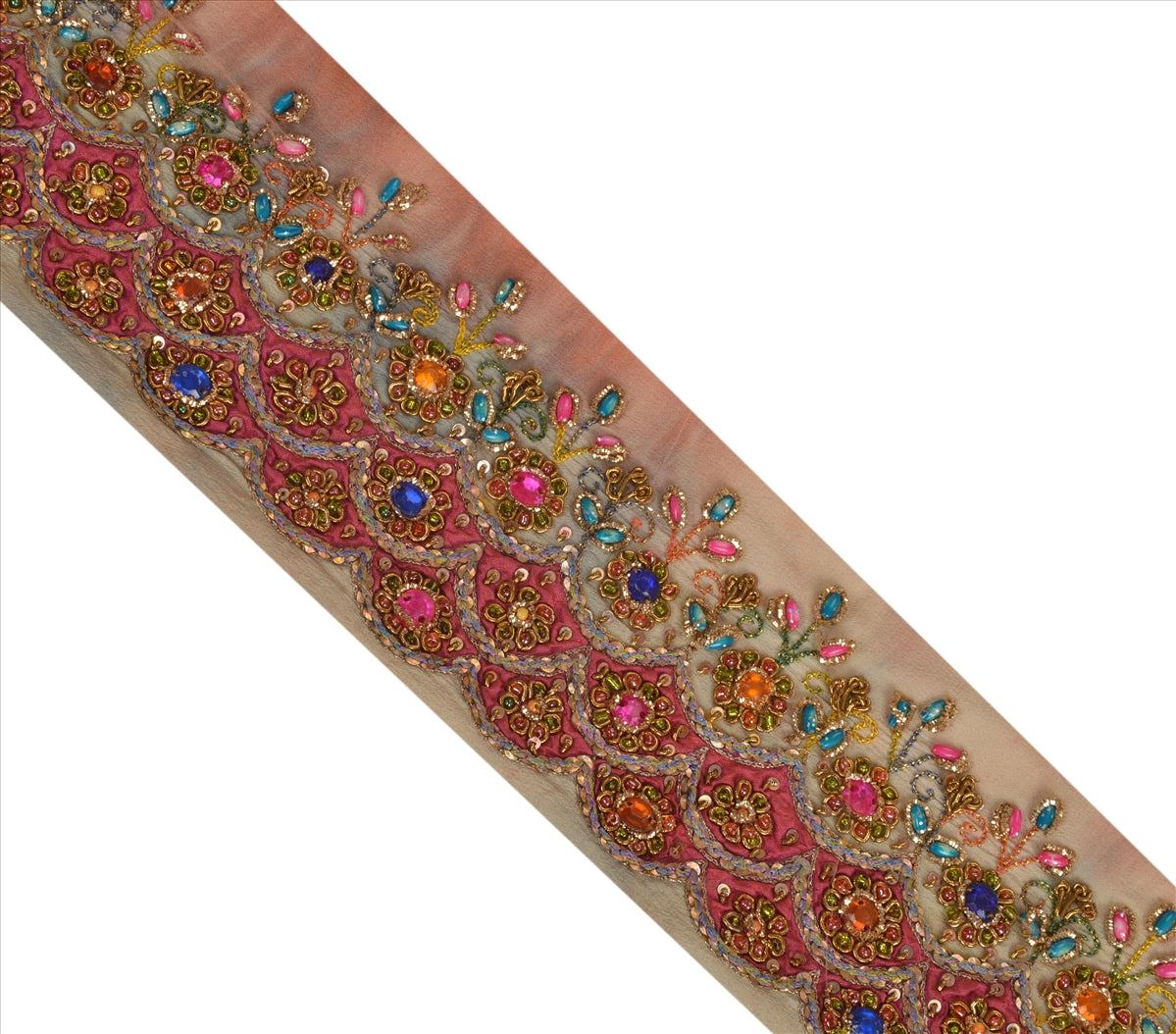 Vintage Sari Border Antique Hand Beaded 1 YD Indian Trim Sewing Peach Zari Lace