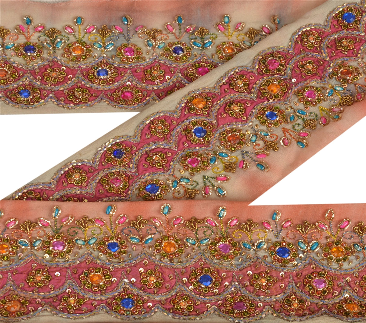 Vintage Sari Border Antique Hand Beaded 1 YD Indian Trim Sewing Peach Zari Lace