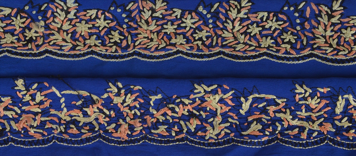 Vintage Sari Border Antique Hand Embroidered 1 YD Indian Trim Ribbon Blue Lace