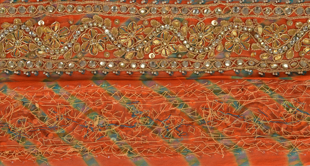 Vintage Sari Border Antique Hand Beaded Leheria 1 YD Trim Sewing Orange Lace