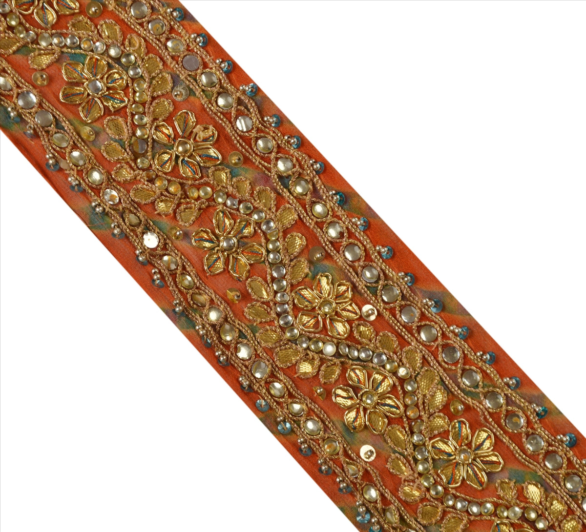 Vintage Sari Border Antique Hand Beaded Leheria 1 YD Trim Sewing Orange Lace