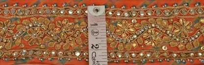 Vintage Sari Border Antique Hand Beaded Leheria 1 YD Trim Sewing Orange Lace