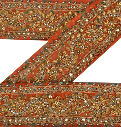 Vintage Sari Border Antique Hand Beaded Leheria 1 YD Trim Sewing Orange Lace