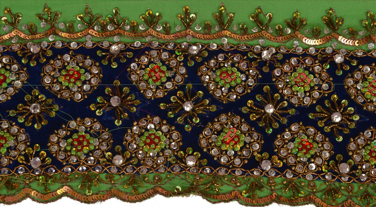 Vintage Sari Border Antique Hand Beaded 1 YD Indian Trim Sewing Green Lace