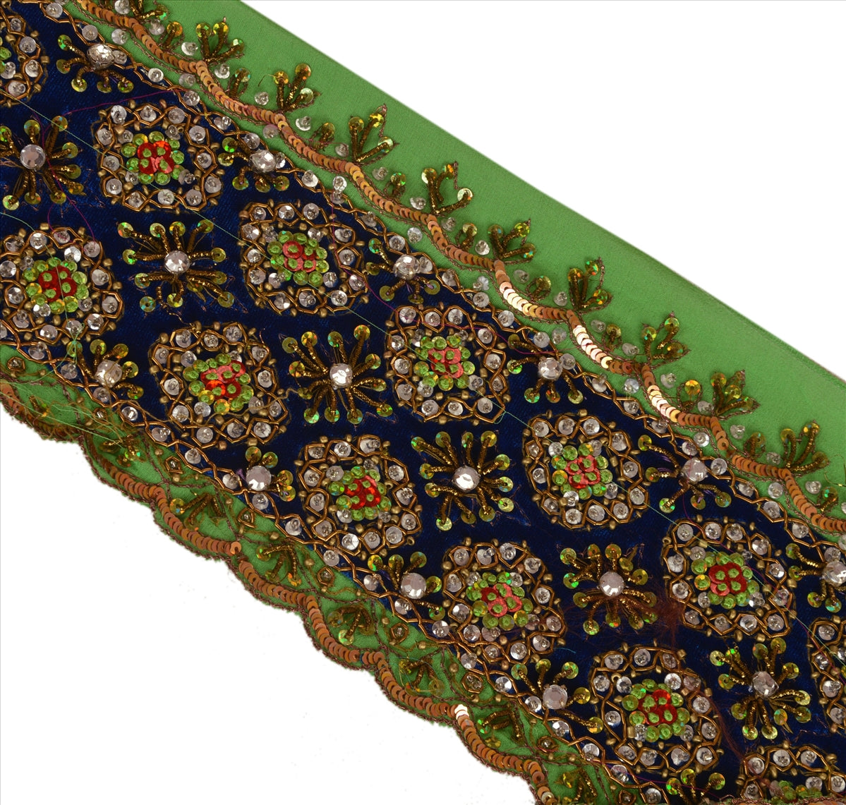 Vintage Sari Border Antique Hand Beaded 1 YD Indian Trim Sewing Green Lace