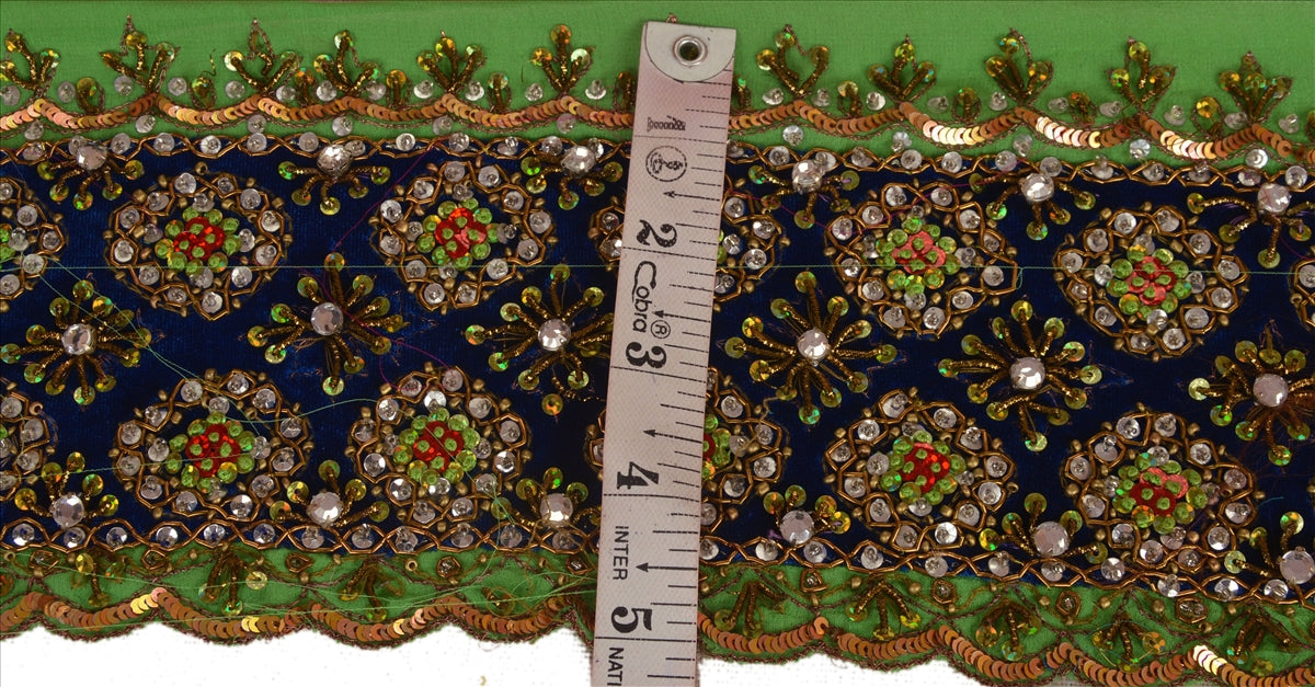 Vintage Sari Border Antique Hand Beaded 1 YD Indian Trim Sewing Green Lace