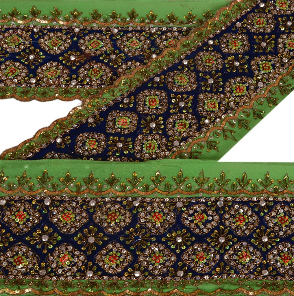 Vintage Sari Border Antique Hand Beaded 1 YD Indian Trim Sewing Green Lace