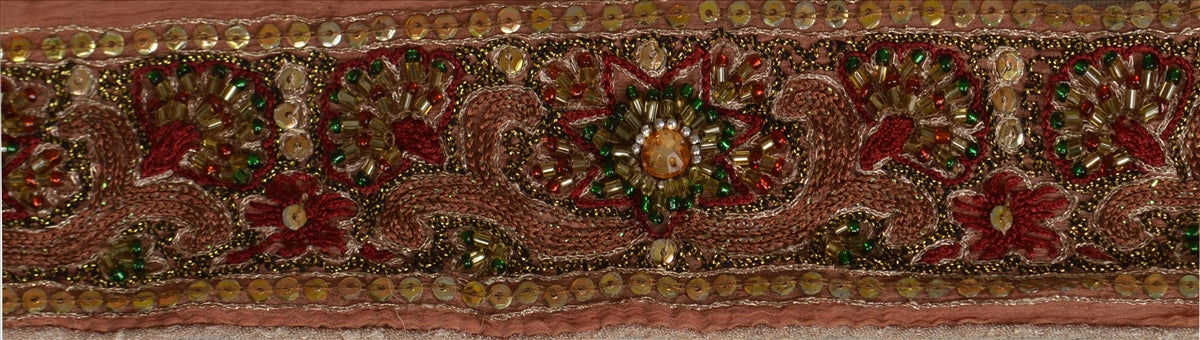 Vintage Sari Border Antique Hand Beaded 1 YD Indian Trim Sewing Peach Lace