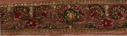 Vintage Sari Border Antique Hand Beaded 1 YD Indian Trim Sewing Peach Lace