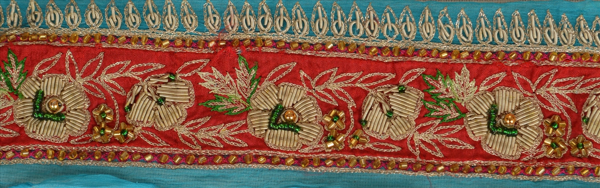 Vintage Sari Border Antique Hand Beaded 1 YD Indian Trim Sewing Blue Patch Lace