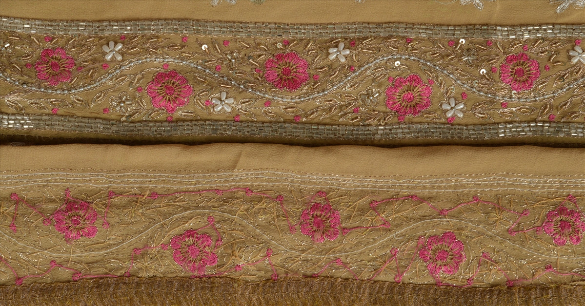 Vintage Sari Border Antique Hand Beaded 1 YD Indian Trim Sewing Beige Zari Lace