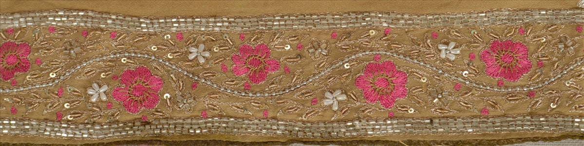 Vintage Sari Border Antique Hand Beaded 1 YD Indian Trim Sewing Beige Zari Lace