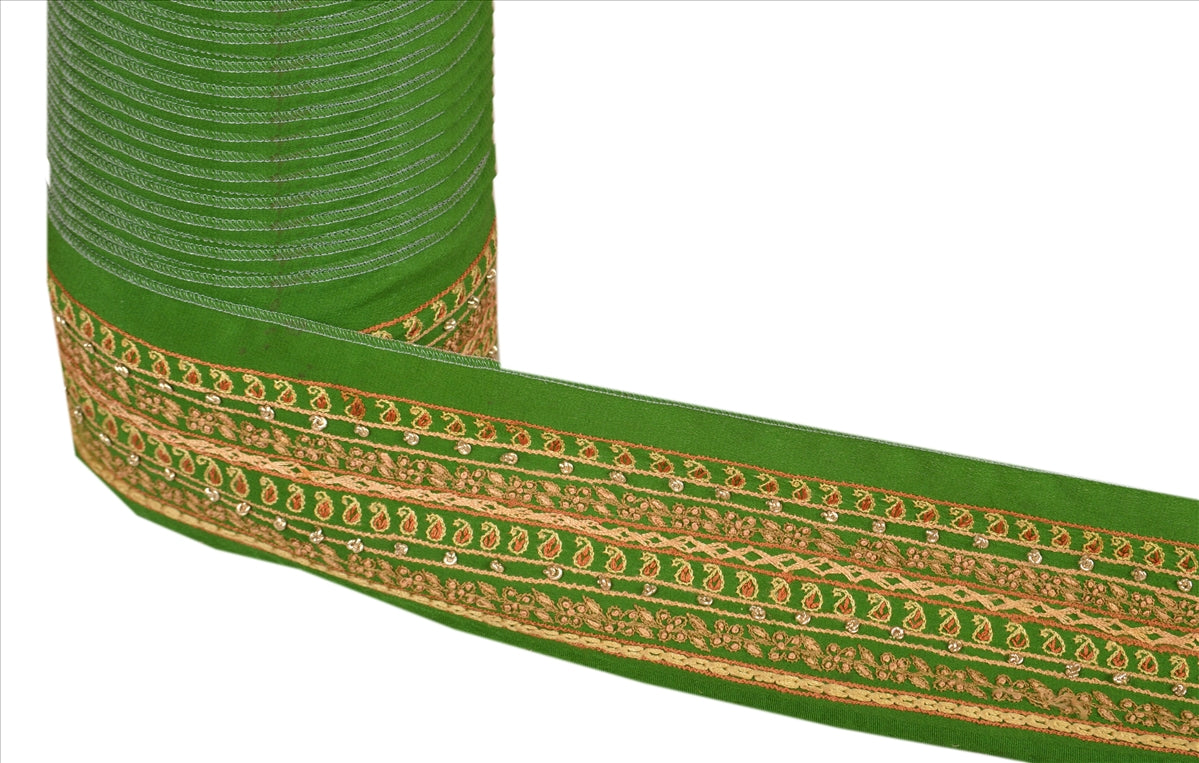 Sanskriti Vintage Sari Border Hand Embroidered 1YD Trim Sewing Green Floral Lace