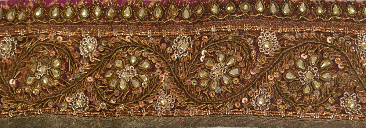 Vintage Sari Border Antique Hand Beaded 1 YD Indian Trim Sewing Pink Lace