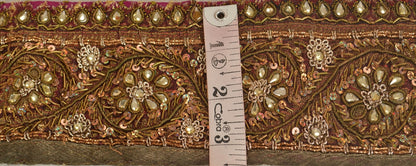 Vintage Sari Border Antique Hand Beaded 1 YD Indian Trim Sewing Pink Lace