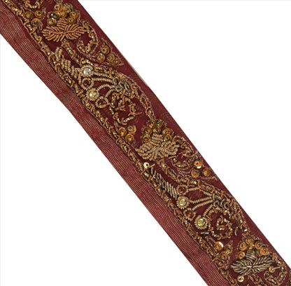 Sanskriti Vintage Sari Border Hand Beaded 1 YD Indian Trim Ribbon Maroon Lace