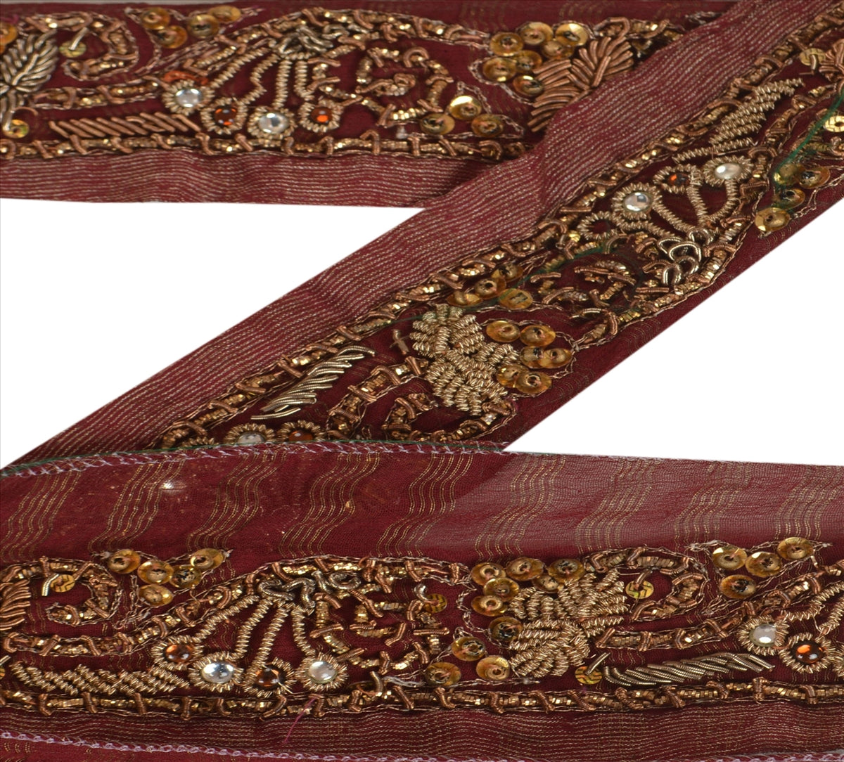 Sanskriti Vintage Sari Border Hand Beaded 1 YD Indian Trim Ribbon Maroon Lace