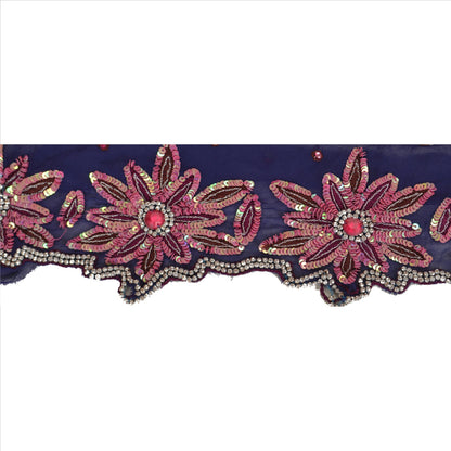 Vintage Sari Border Antique Hand Beaded 1 YD Indian Trim Sewing Blue Zari Lace