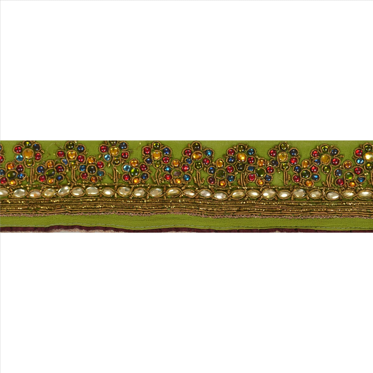 Sanskriti Vintage Sari Border Hand Beaded 1 Yard Indian Trim Sewing Green Lace