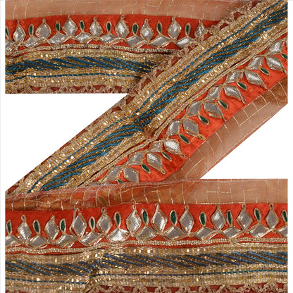 Vintage Sari Border Antique Hand Beaded 1 YD Indian Trim Sewing Orange Lace