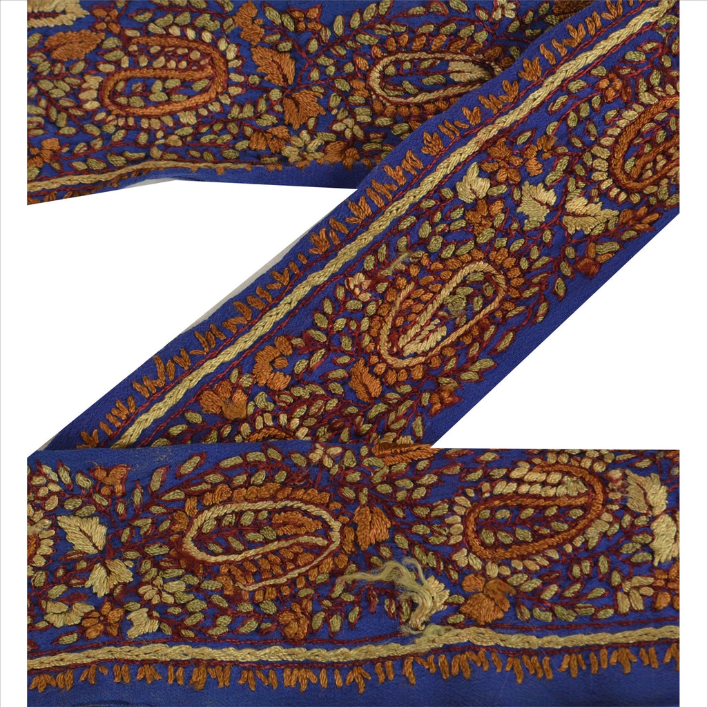 Sanskriti Vintage Sari Border Hand Beaded 1 Yard Trim Sewing Blue Floral Lace