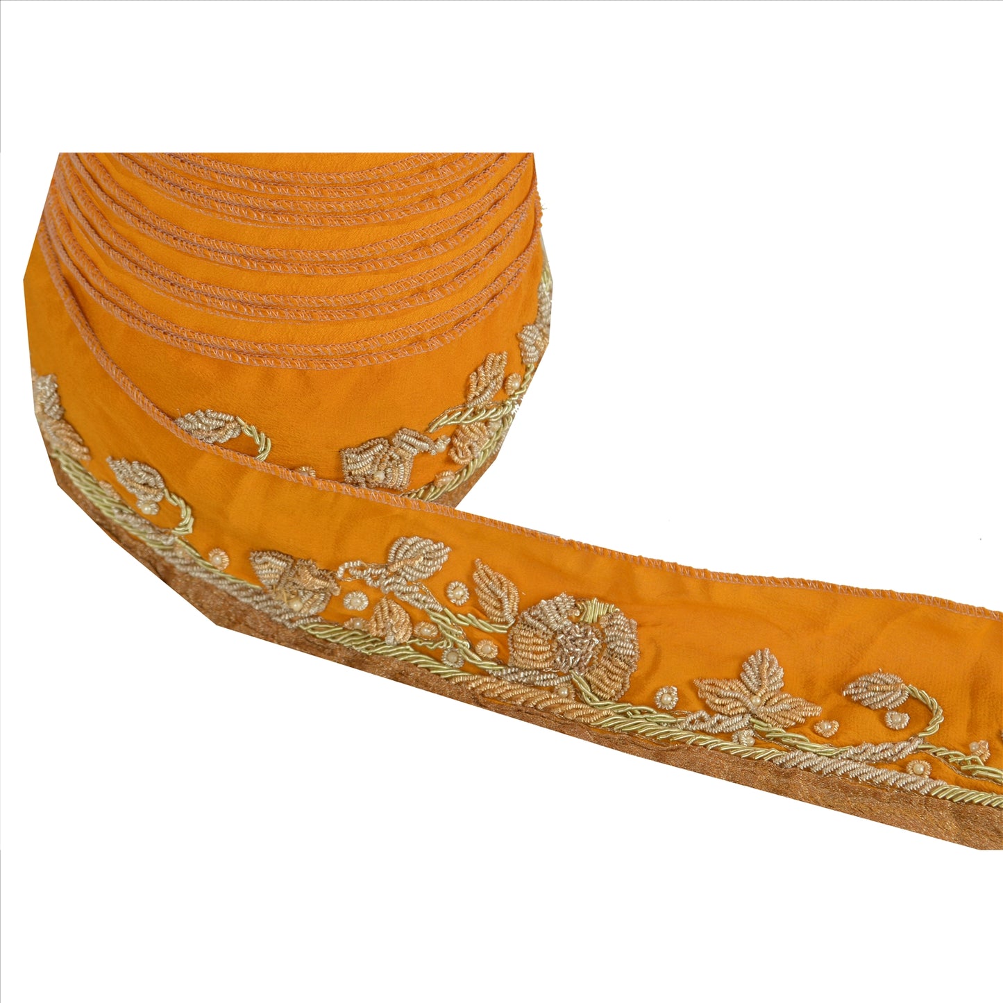 Sanskriti Vintage Sari Border  Hand Beaded 1 YD Indian Trim Ribbon Saffron Lace