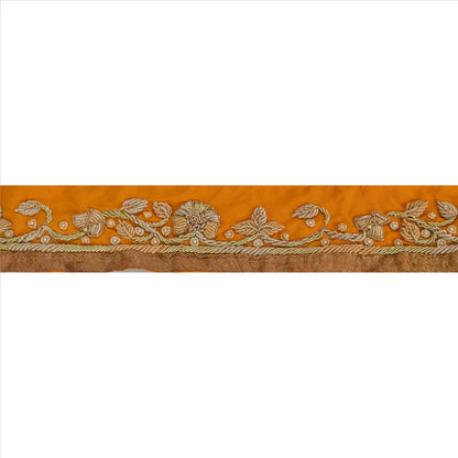 Sanskriti Vintage Sari Border  Hand Beaded 1 YD Indian Trim Ribbon Saffron Lace