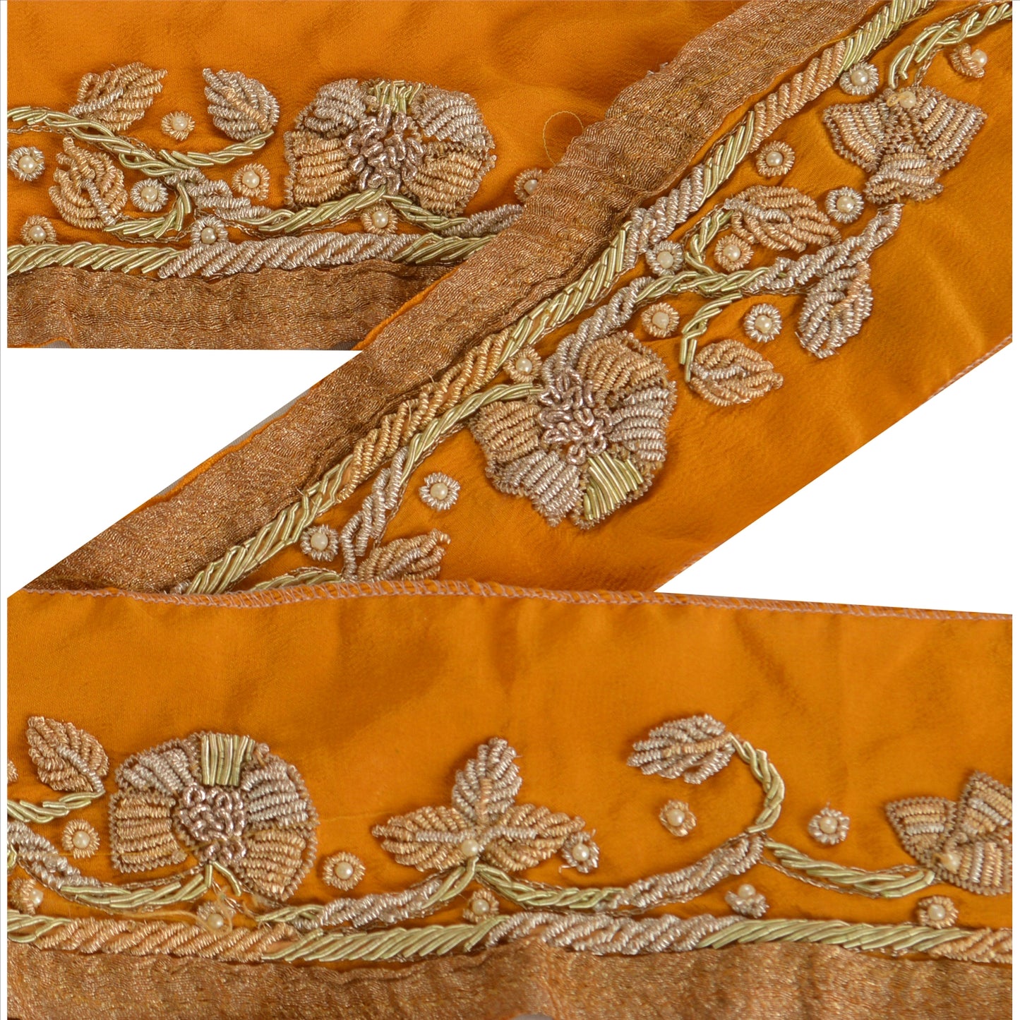 Sanskriti Vintage Sari Border  Hand Beaded 1 YD Indian Trim Ribbon Saffron Lace