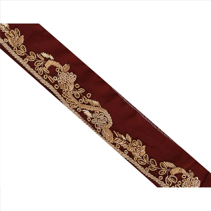 Sanskriti Vintage Sari Border Hand Embroidered 1 Yard Trims Ribbon Maroon Lace