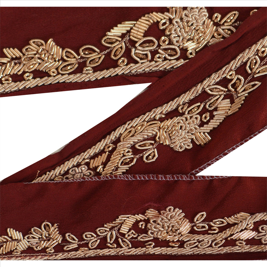 Sanskriti Vintage Sari Border Hand Embroidered 1 Yard Trims Ribbon Maroon Lace