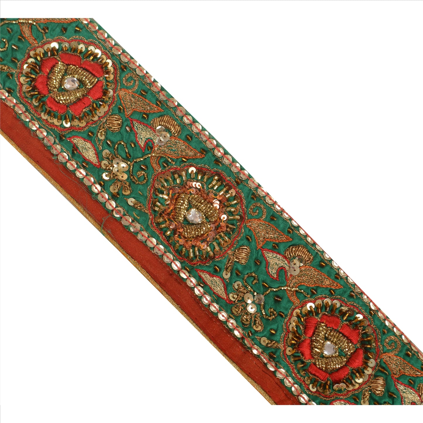 Sanskriti Vintage Sari Border Hand Beaded 1 YD Indian Trim Sewing Red Patch Lace