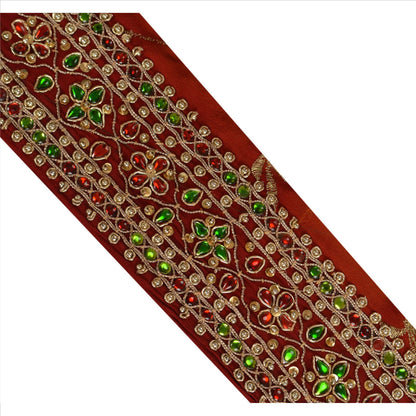 Sanskriti Vintage Sari Border Hand Beaded 1 YD Trim Brown Kundan Work Lace