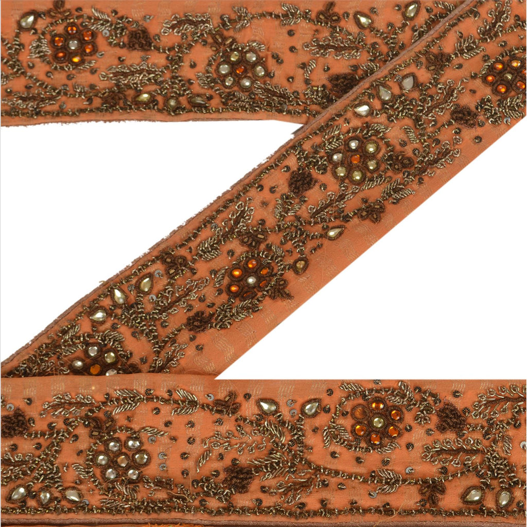 Sanskriti Vintage Sari Border Hand Beaded Woven 1 Yard Trims Sewing Peach Lace