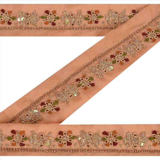 Sanskrit Vintage Sari Border Hand Beaded 1YD Indian Trim Décor Ribbon Peach Lace