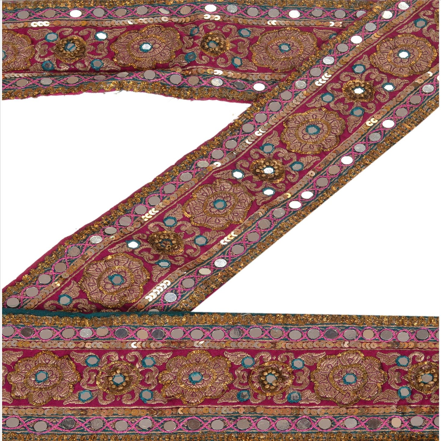 Sanskriti Vintage Sari Border Hand Beaded Woven 1 YD Trim Sewing Pink Lace